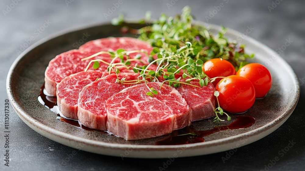 A plate of marbled beef slices garnished with herbs and cherry tomatoes. A plate of marbled beef slices garnished with herbs and cherry tomatoes.