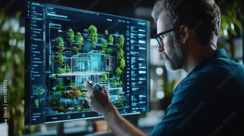 House blueprint. A person interacts with a high-tech screen displaying architectural designs and greenery, indicating a blend of technology and nature in modern design. House blueprint. A person interacts with a high-tech screen displaying architectural designs and greenery, indicating a blend of technology and nature in modern design.