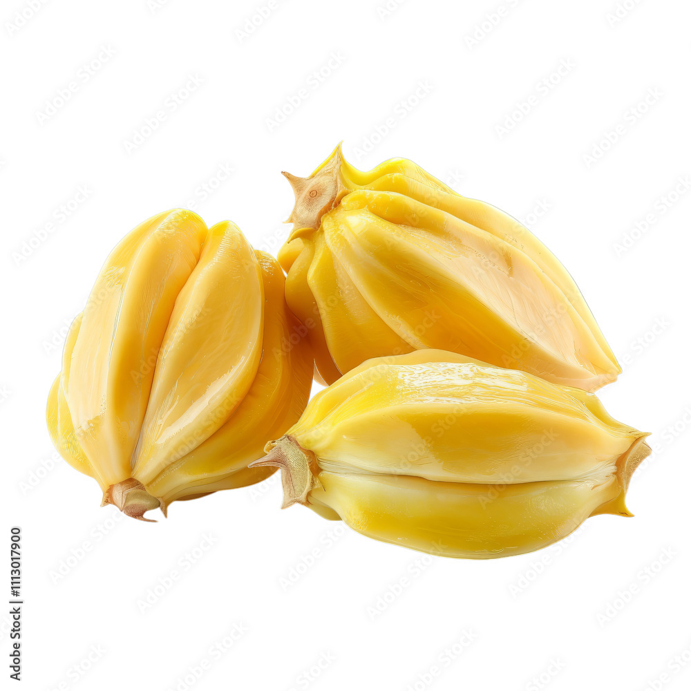 Fresh yellow jackfruit pieces stacked together on a white background.