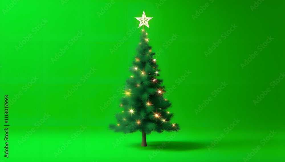 Green Christmas tree with sparkling lights on green background 3D Rendering, 3D Illustration isolated with white highlights, png Green Christmas tree with sparkling lights on green background 3D Rendering, 3D Illustration isolated with white highlights, png