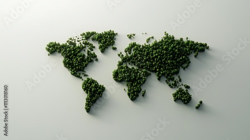 A global map of the world made out of trees, angled view, on white background