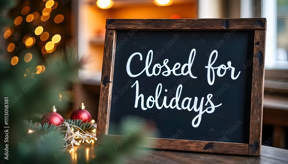 Naklejka premium Closed for Holidays Sign with Christmas Decor