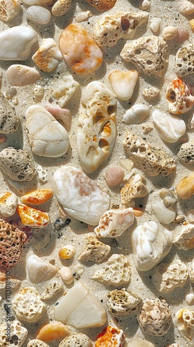 Natural beach pebbles and shells on sandy shore texture