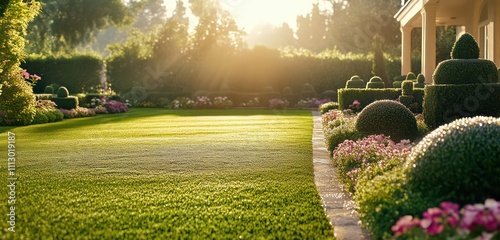 Spacious villa with a manicured lawn, morning sun on dew-covered topiary bushes and flower beds. photo