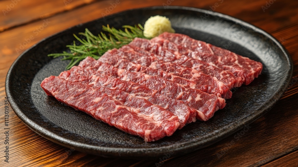 A plate of raw beef slices garnished with wasabi and herbs, ready for cooking or grilling. A plate of raw beef slices garnished with wasabi and herbs, ready for cooking or grilling.