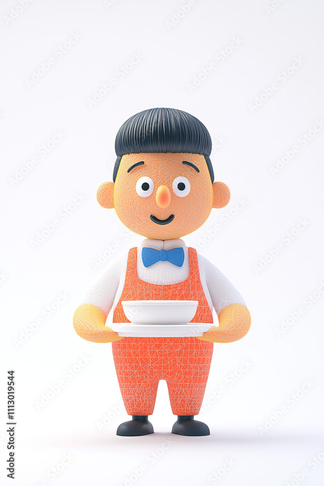 A cheerful cartoon character in an orange outfit holding a bowl on a white background. A cheerful cartoon character in an orange outfit holding a bowl on a white background.