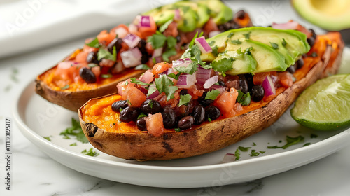 Loaded Baked Sweet Potato with Black Bean Salsa and Avocado, Vegetarian Main Photography