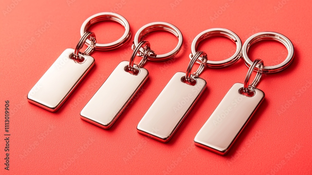 Four blank keychains with metallic finish placed on a bright coral background, perfect for brand mockup or promotional design Four blank keychains with metallic finish placed on a bright coral background, perfect for brand mockup or promotional design