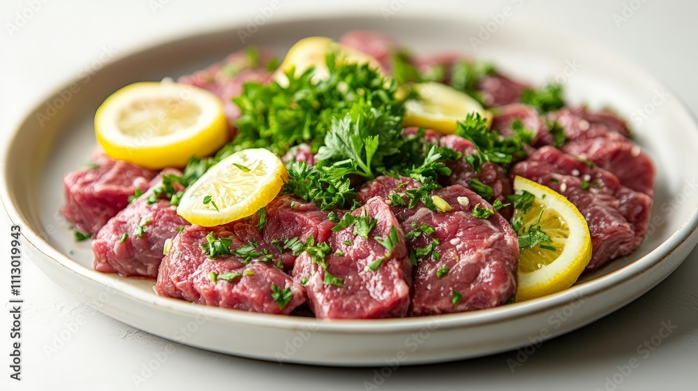 A plate of raw meat garnished with lemon slices and parsley, ready for preparation. A plate of raw meat garnished with lemon slices and parsley, ready for preparation.