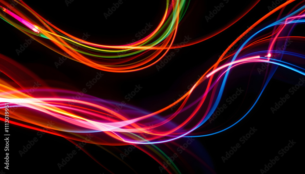 light painting photography, waves of vibrant color against a black background. Long exposure photo of vibrant fairy lights in abstract isolated with white highlights, png