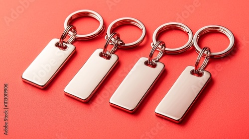 Four blank keychains with metallic finish placed on a bright coral background, perfect for brand mockup or promotional design