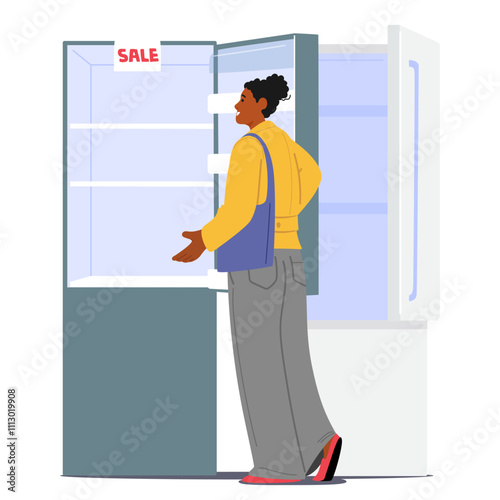 Woman customer cartoon character choosing refrigerator with sale at electronics store department