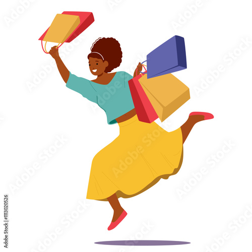 Young smiling stylish woman shopaholic character running fast with shopping bags rushing for sales