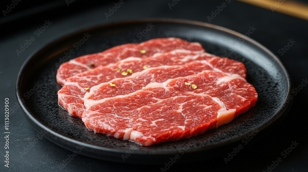 A plate of thinly sliced marbled beef, ready for cooking or grilling. A plate of thinly sliced marbled beef, ready for cooking or grilling.