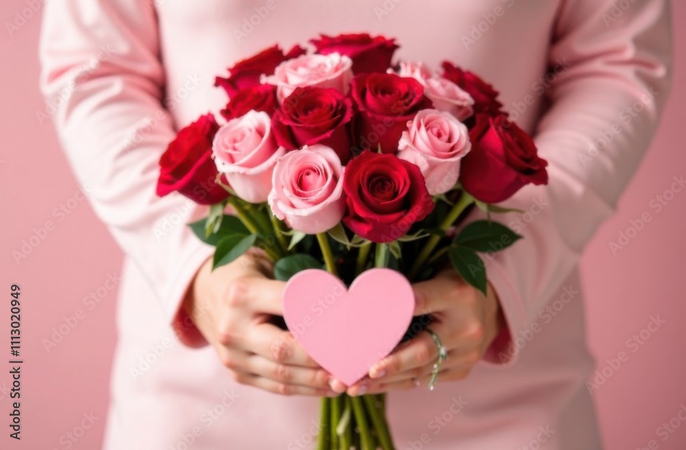 Elegant Valentine’s Day bouquet of red and pink roses with a heart-shaped tag saying Elegant Valentine’s Day bouquet of red and pink roses with a heart-shaped tag saying
