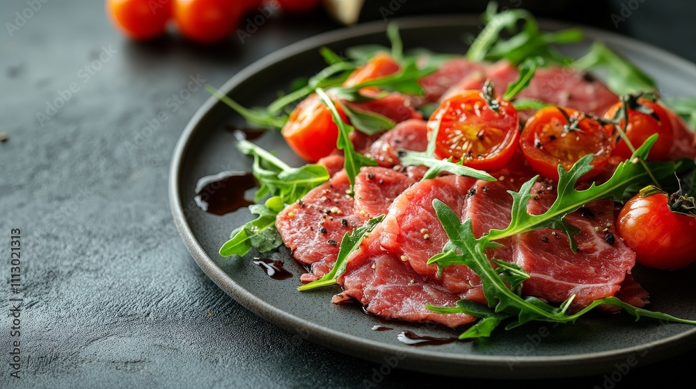 A plate of thinly sliced meat topped with arugula and cherry tomatoes, garnished for presentation. A plate of thinly sliced meat topped with arugula and cherry tomatoes, garnished for presentation.
