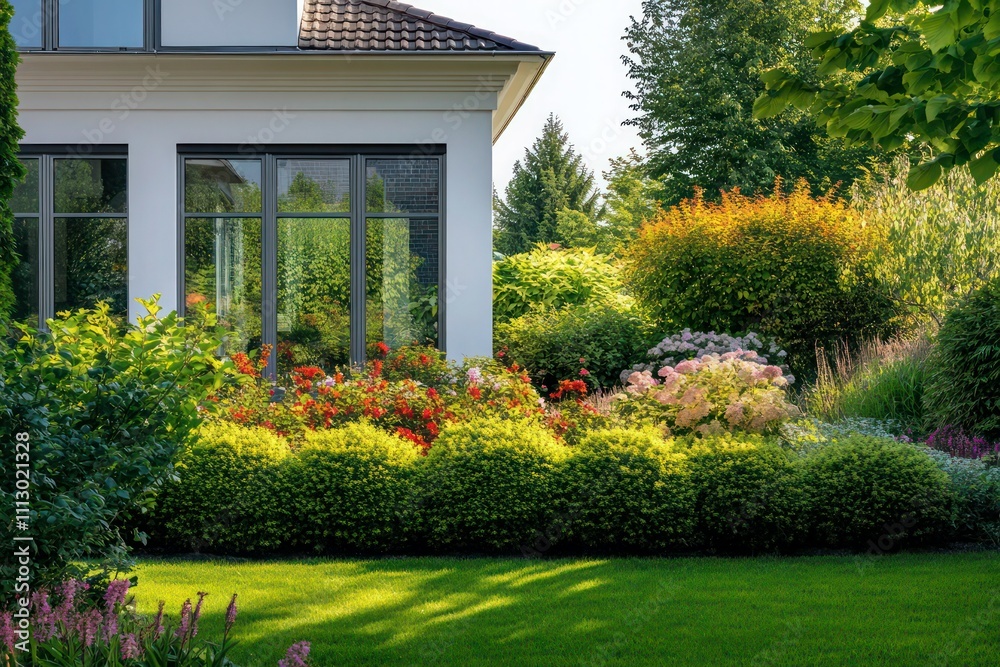 Obraz premium Sprawling villa with large windows, a backyard garden filled with vibrant greenery, and tall flowering bushes.