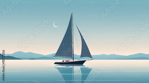 Sailboat at Sea Under a Crescent Moon