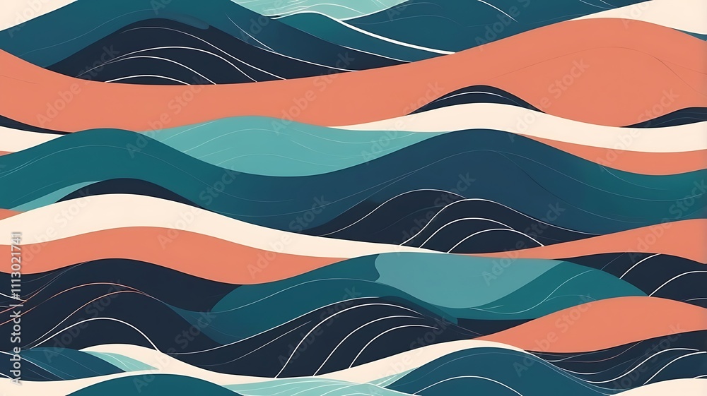Fototapeta premium Abstract Waves Pattern in Teal Coral and Cream Hues