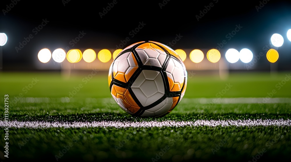 Fototapeta premium Soccer ball, centered on green field, stadium lights illuminating