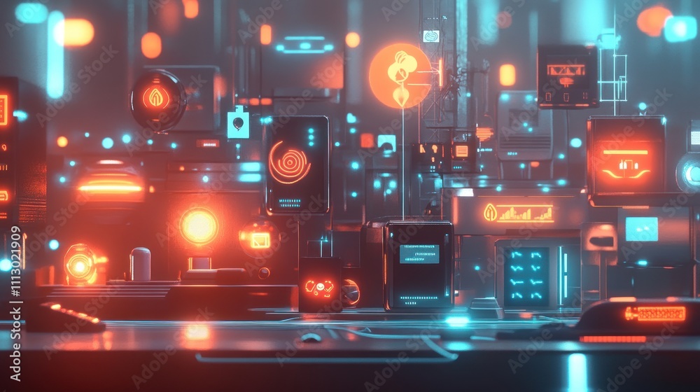 Futuristic digital city with glowing interfaces and neon lights. Futuristic digital city with glowing interfaces and neon lights.