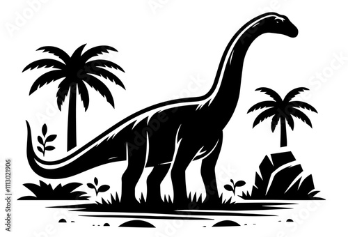 majestic brachiosaurus and palm trees in silhouette – black vector collection