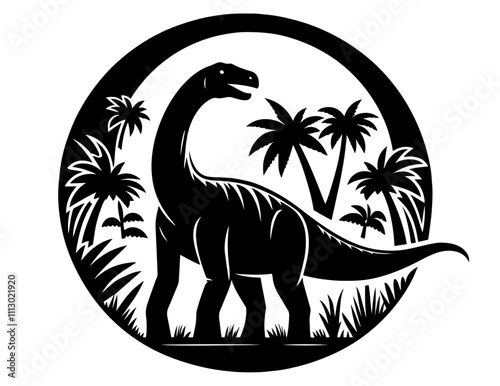 majestic brachiosaurus and palm trees in silhouette – black vector collection
