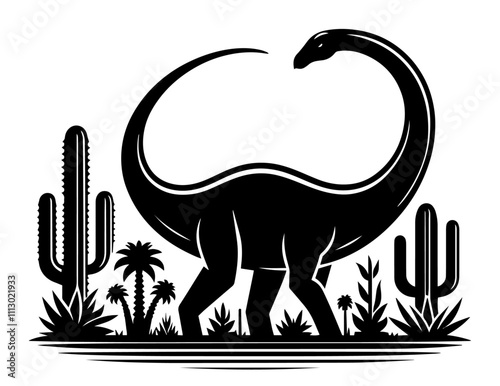 majestic brachiosaurus and palm trees in silhouette – black vector collection
