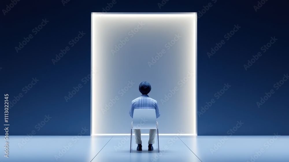 Obraz premium Contemplative Asian Male Facing Illuminated Portal in Minimalist Room