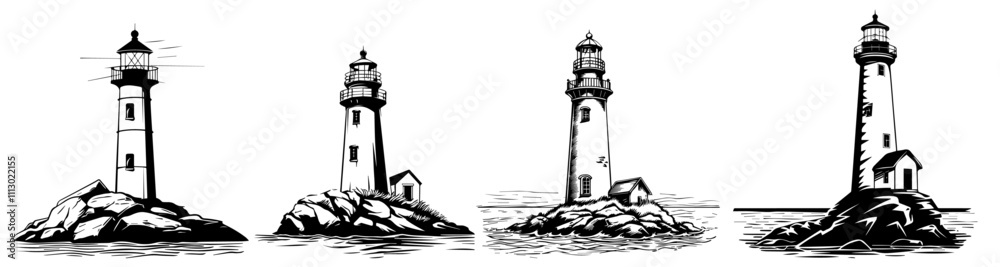 set of lighthouse illustrations in hand-drawn maritime style – black vector
