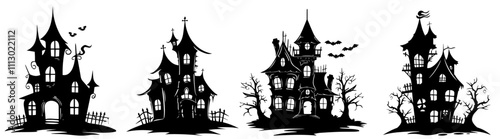 spooky halloween houses in monochrome sketch style black vector art