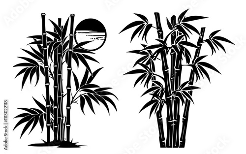 bamboo stems and leaves in hand-drawn black vector illustration