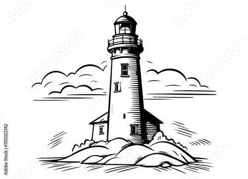 set of lighthouse illustrations in hand-drawn maritime style – black vector
