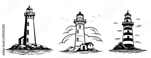 set of lighthouse illustrations in hand-drawn maritime style – black vector