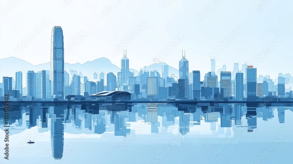 Fototapeta premium Blue-toned modern city skyline illustration with tall skyscrapers and architectural reflections, symbolizing urban growth and futuristic vision, Generative AI