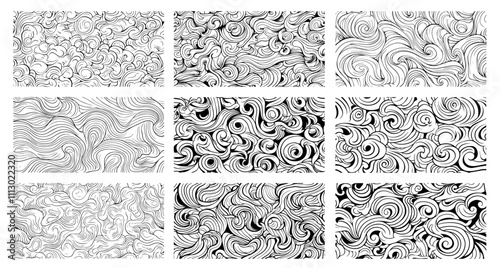 set of abstract swirl patterns in hand-drawn style – black vector