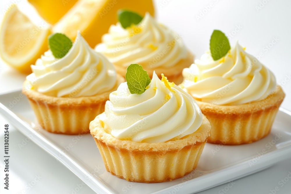 A plate of four lemon cupcakes with whipped cream and mint leaves on top A plate of four lemon cupcakes with whipped cream and mint leaves on top