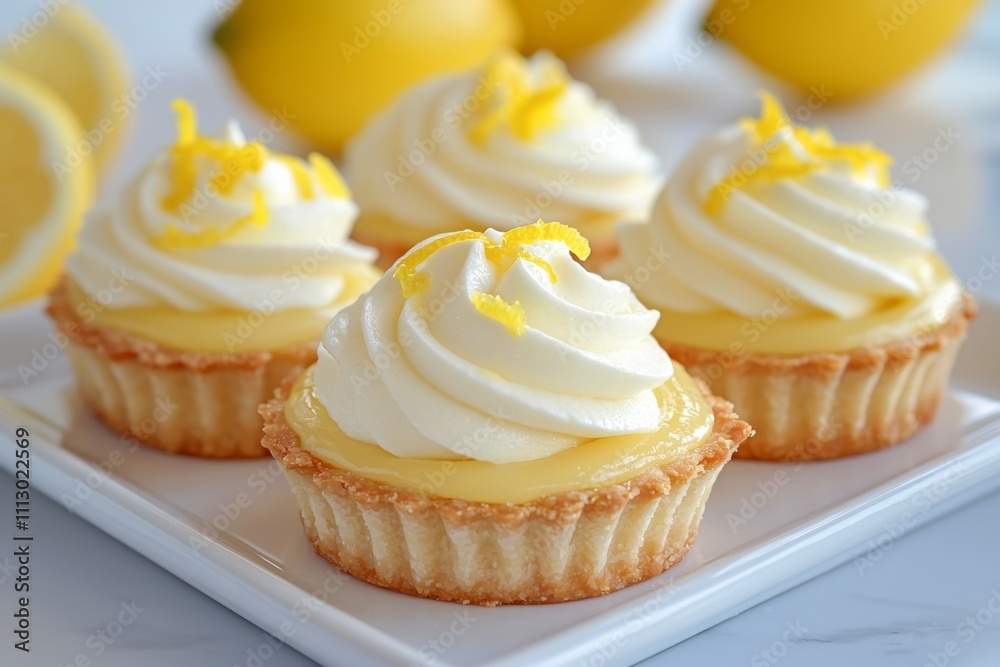 Three lemon cupcakes with whipped cream and lemon zest on top Three lemon cupcakes with whipped cream and lemon zest on top