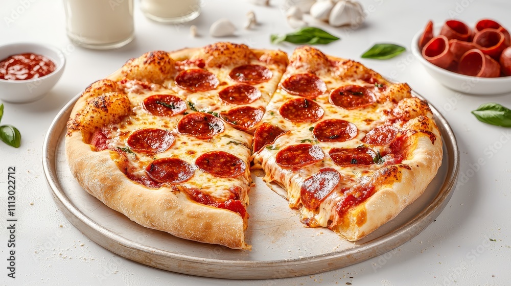 Thick crust pepperoni pizza slice with mozzarella cheese melt, pepperoni arranged evenly, white background, high detail and vibrant Thick crust pepperoni pizza slice with mozzarella cheese melt, pepperoni arranged evenly, white background, high detail and vibrant