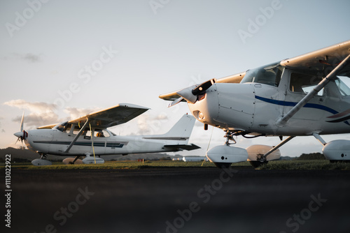 Two Single Engine Training Aircraft Parked On The Apron At Sunset.