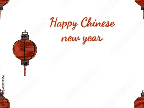 Festive Chinese New Year design. Illustrated red Chinese lanterns flanking  Happy Chinese New Year in elegant script. Happy Chinese new year text. Chinese Red Lanterns with Calligraphy Background