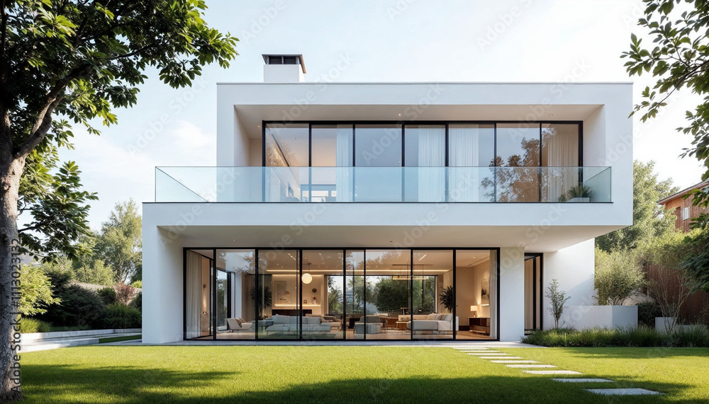 Obraz premium A sleek, modern two-story white house with expansive glass windows and a minimalist design, surrounded by lush greenery.