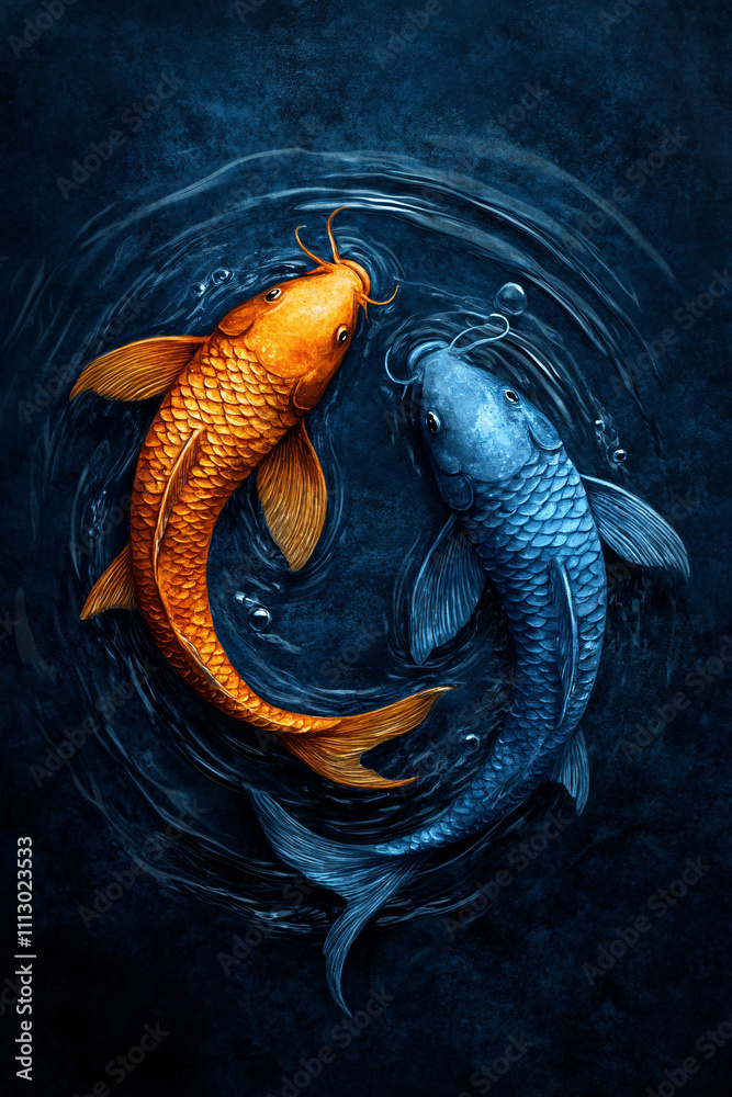 Vibrant Pisces Zodiac Sign Representation with Glowing Koi Fish in Fiery Orange and Icy Blue, Symbolizing Duality and Balance Vibrant Pisces Zodiac Sign Representation with Glowing Koi Fish in Fiery Orange and Icy Blue, Symbolizing Duality and Balance