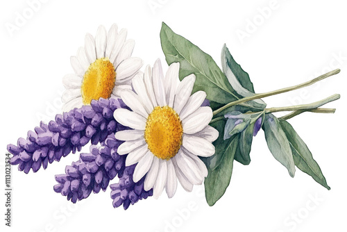 A sweet floral arrangement featuring the simplicity of daisies, the boldness of calendula, and the tranquility of lavender