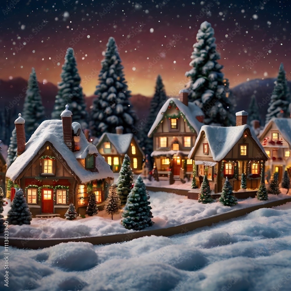 Miniature Christmas Village Magic, Snowy Scene with Tiny Homes, Trees, and Festive Lights Miniature Christmas Village Magic, Snowy Scene with Tiny Homes, Trees, and Festive Lights