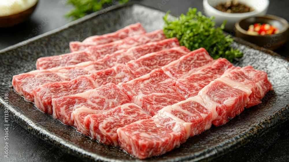 A platter of marbled beef slices, ready for cooking or grilling. A platter of marbled beef slices, ready for cooking or grilling.