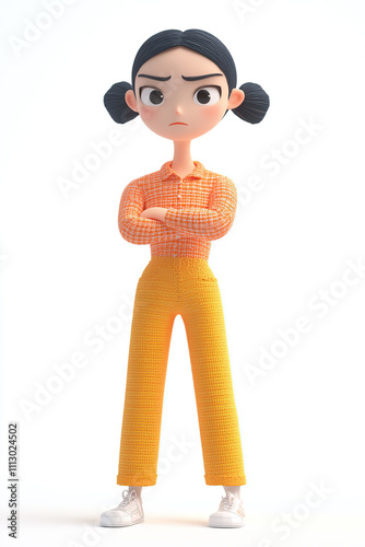 A stylized character with an annoyed expression, wearing an orange shirt and yellow pants. photo