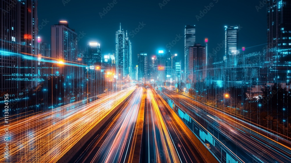 Fototapeta premium cityscape at night with glowing data lines and financial charts overlaid, representing the concept of a thriving financial market and investment opportunities