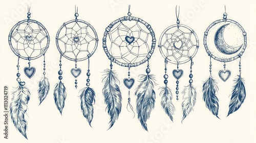 Hand-drawn vintage bohemian dream catcher collection featuring hearts and moons