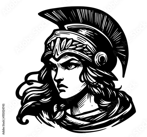 mythological warrior goddess with helmet and spear black vector design